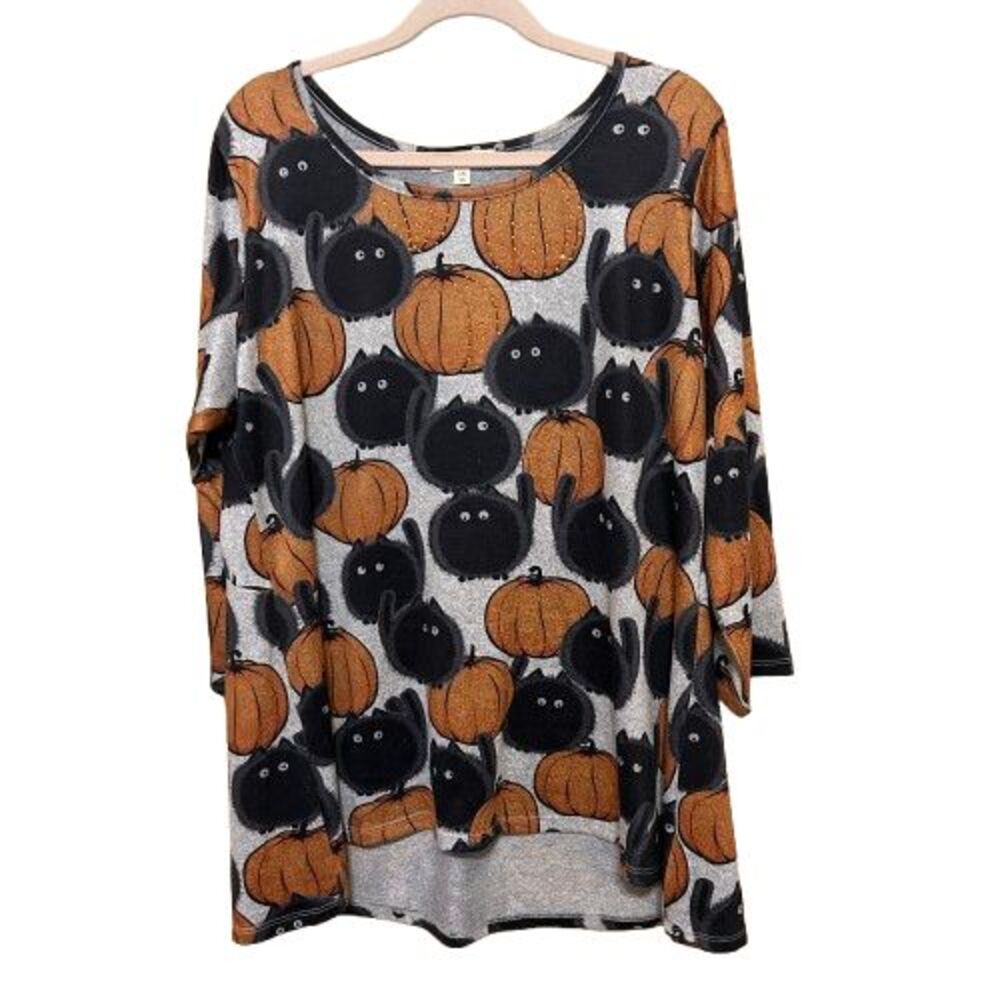Clover + Pine Halloween Tunic Top Womens XXL 2X Black Cat Pumpkin Fall Cozy